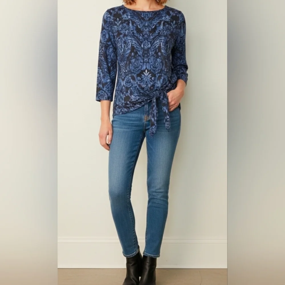 Belle Kim Gravel Pullover Top Tie Waist 3/4 Sleeve Black Heather Blue Rose Motif - Picture 11 of 11